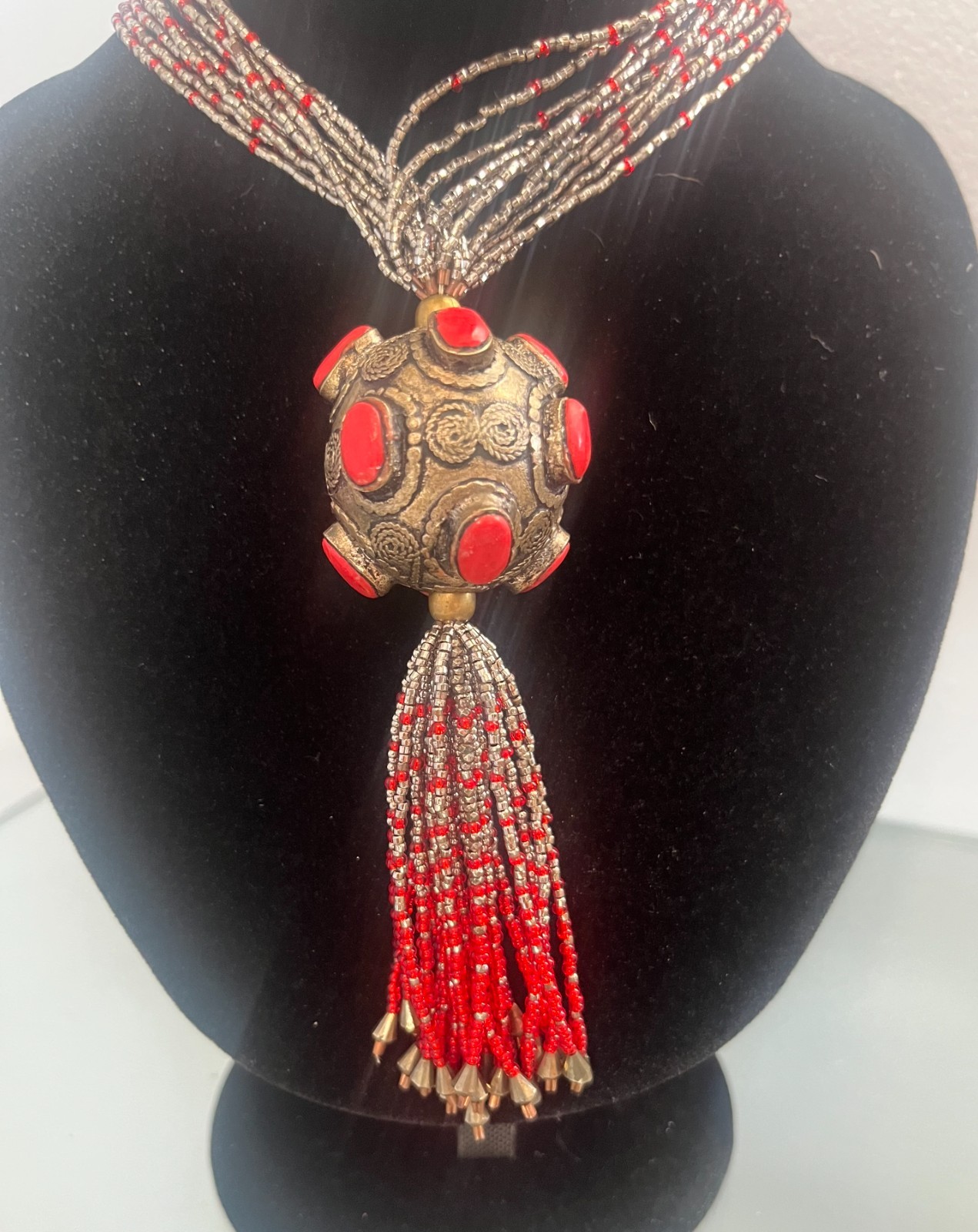 Boho Ethnic Multi Strand Red Beaded Neckclase Silver Tone Ball Pendant Tassel