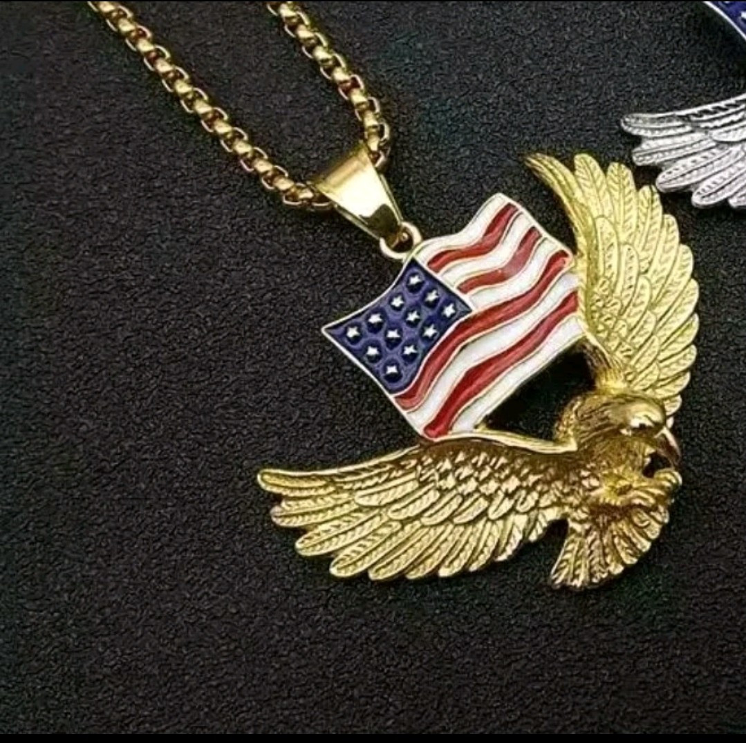 Mens Hip Hop Fashion Eagle American Flag Gold Color Pendant and Necklace 5-2G