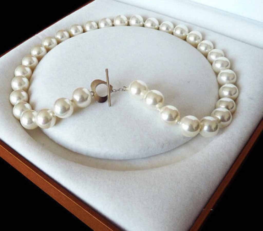 12mm Genuine White South Sea Shell Pearl Round Beads Necklace 18” Heart Clasp