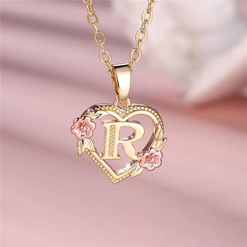 Gold Initial Letter Flower Pendant Necklace For Women Girls A-Z Alphabet Gift