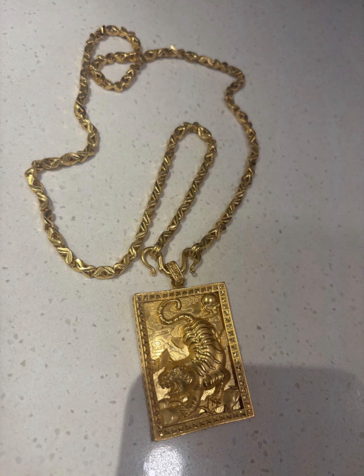24K Pure .999 Gold Box link Chain + Rectangle tiger Pendant 115 total grams
