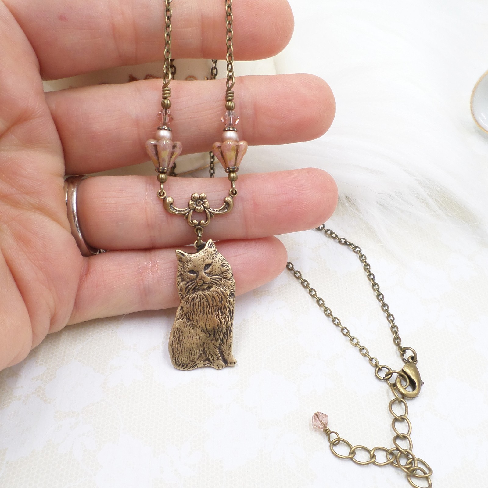 Vintage Style Cat Necklace with Pink Czech Glass Flowers, Antique Brass Handmade
