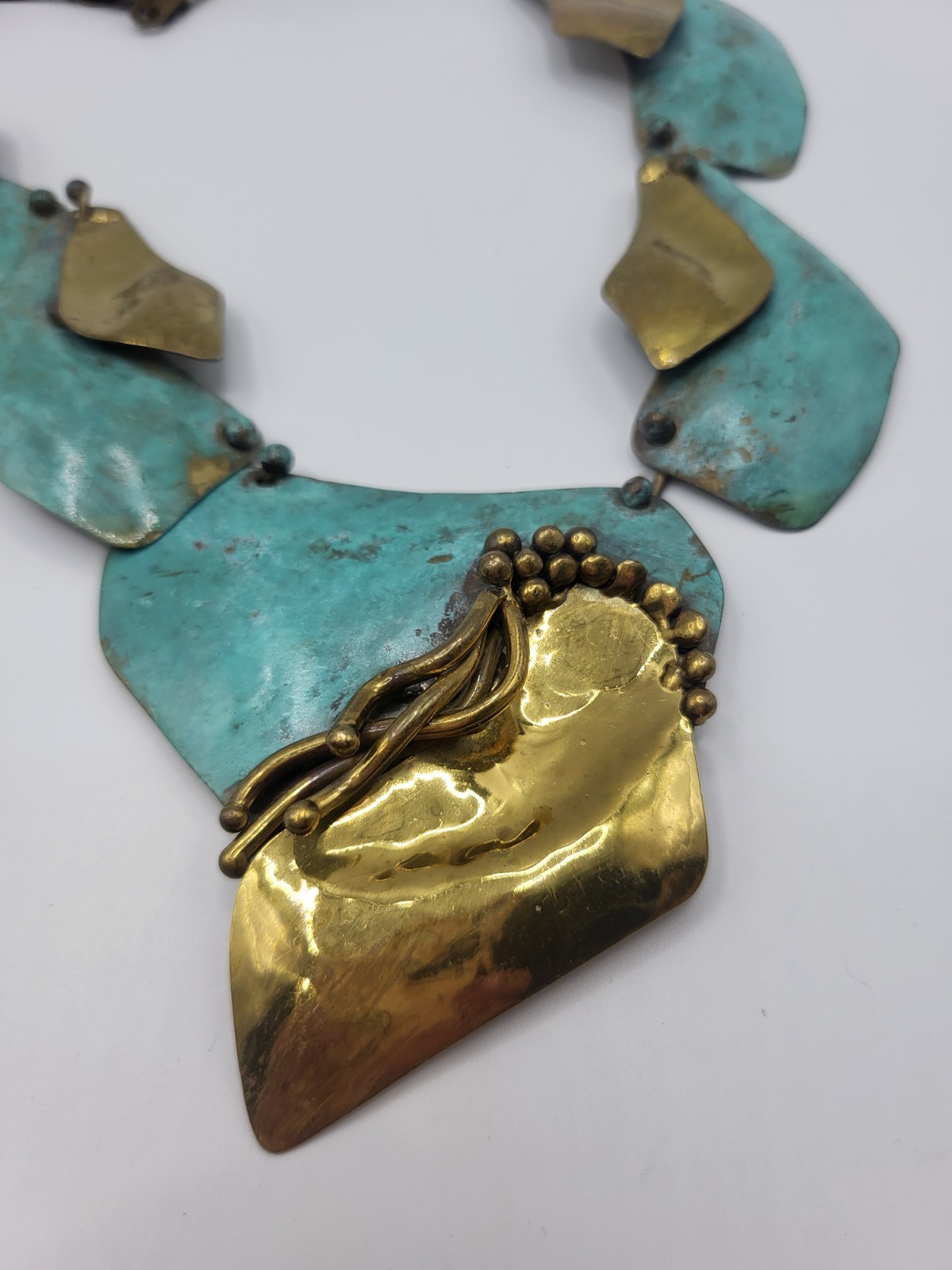 Signed Artisanal Mixed-Metal Bib Necklace Textured Verdigris Patina Gold Tone