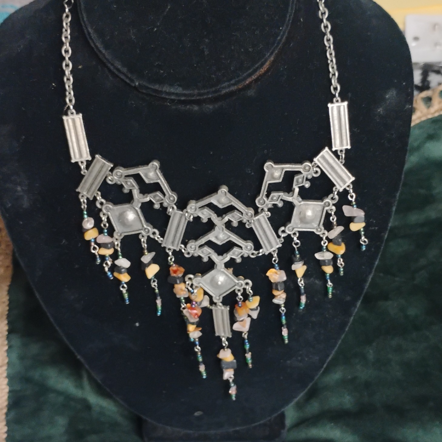 Silver Tone Art Deco Bib Statement Necklace, Pink Crystals Bead Dangles