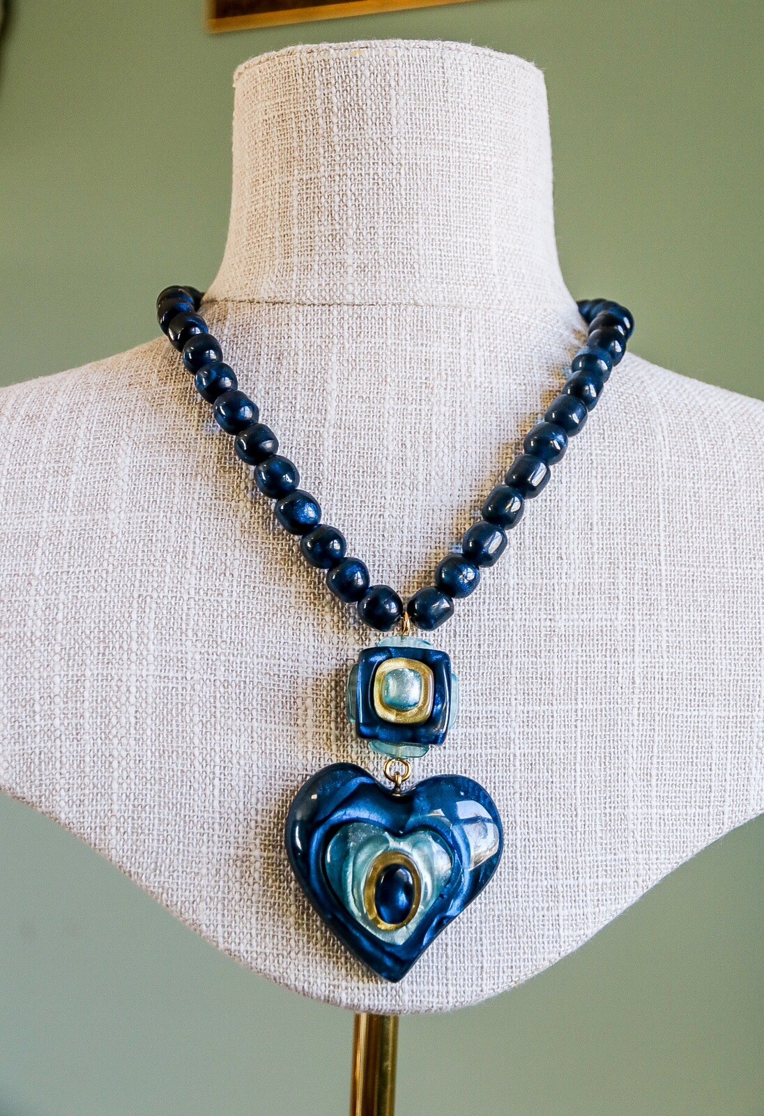Dominique Denaive Paris Sapphire Blue Heart Natural Resin Necklace