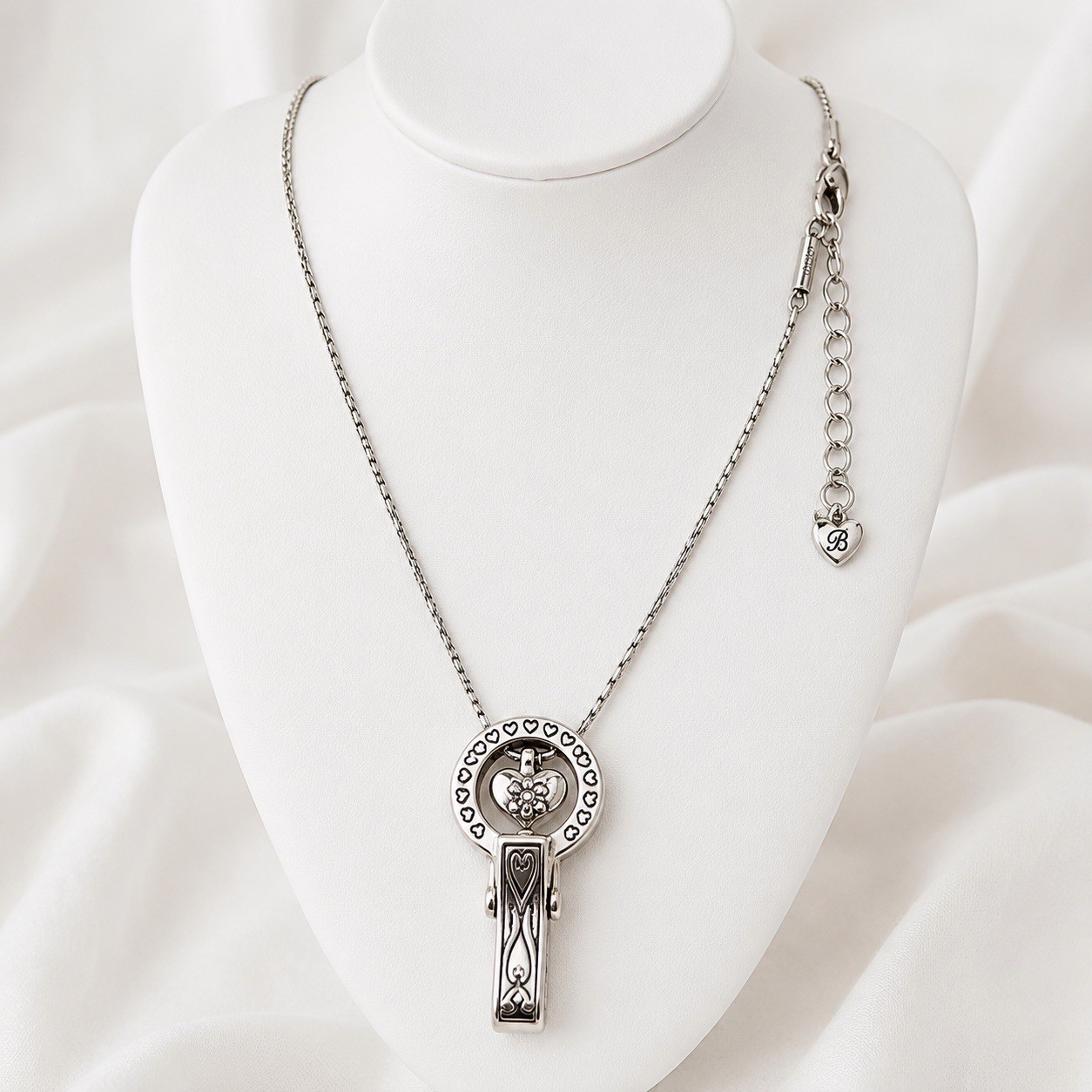 Brighton Floating Heart Badge Clip Necklace Lanyard Crystal Accent Adj. 36″