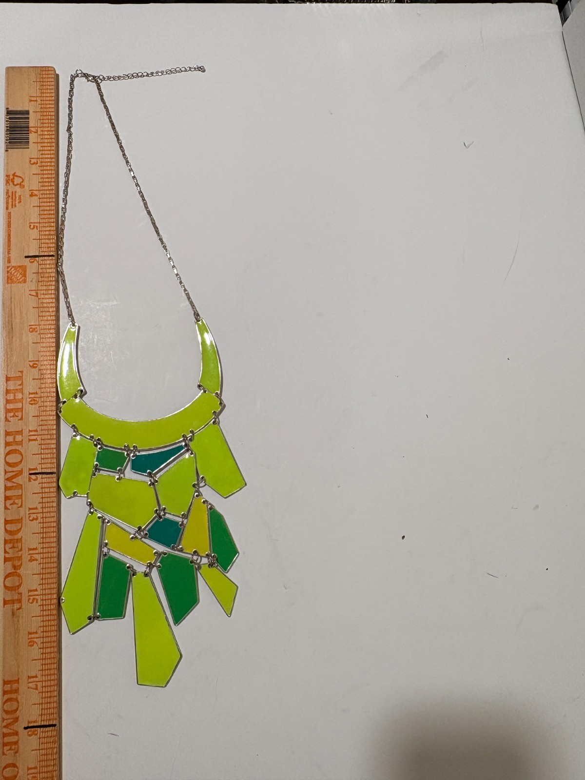 Lime Green Enamel Geometric Bib Statement Necklace Silver Tone Articulated