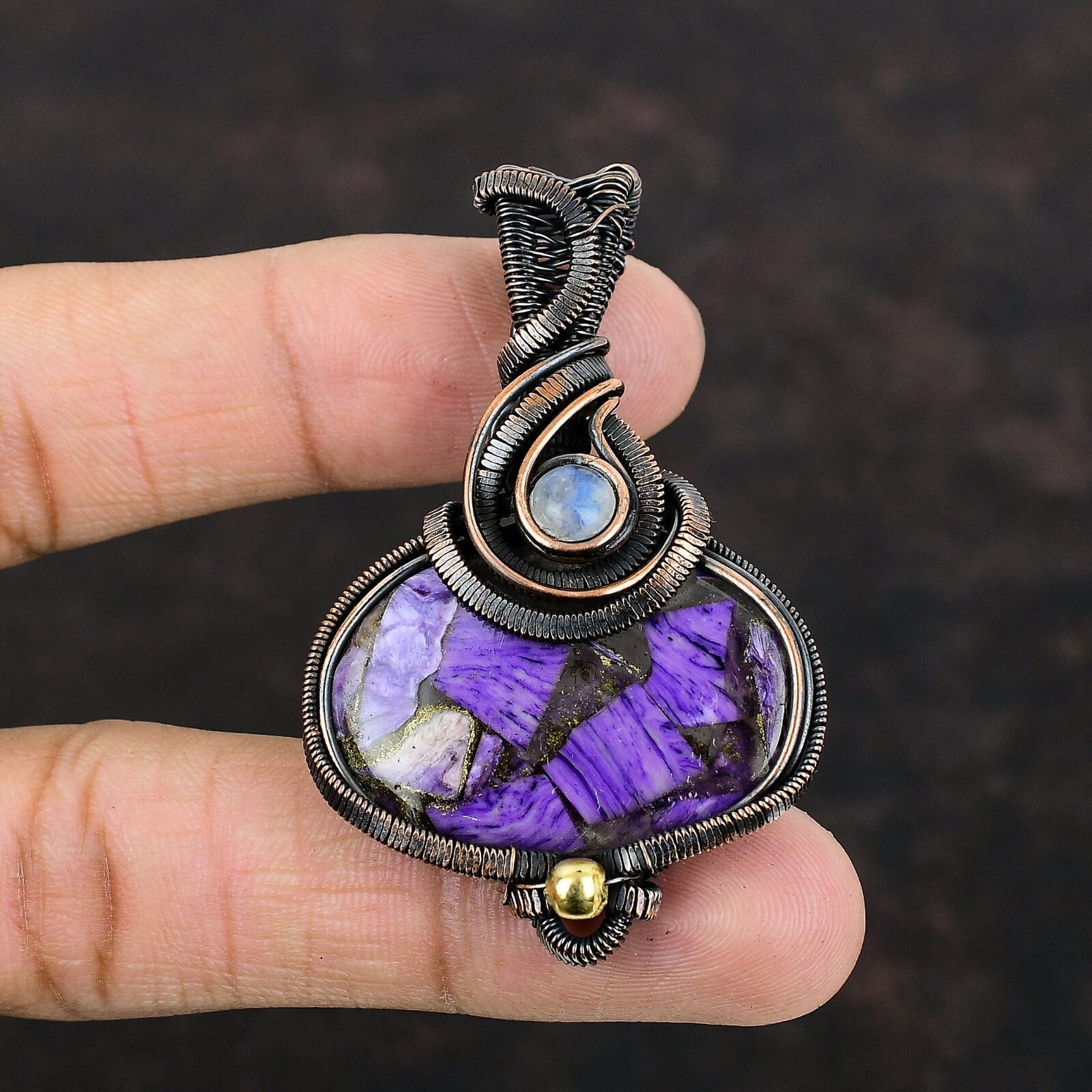 Women Day Gift Russian Charoite Wire Wrapped Pendant Copper For Women 2.36″