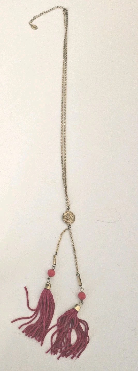 Long Gold Tone Tassel Pendant Necklace Pink Tassels Boho Statement Jewelry