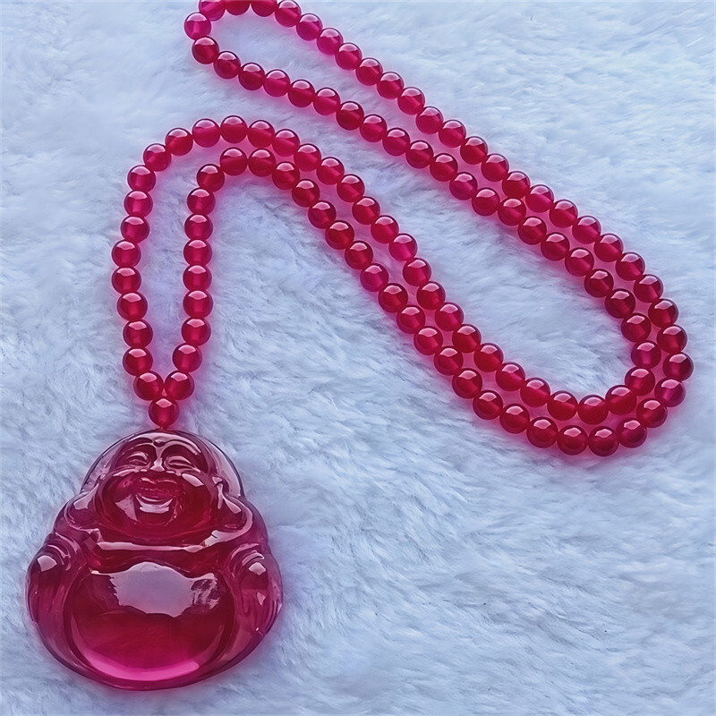 Top Quality Lab-Created Pigeon Blood Red Round Bead Ruby+Buddha Pendant Necklace