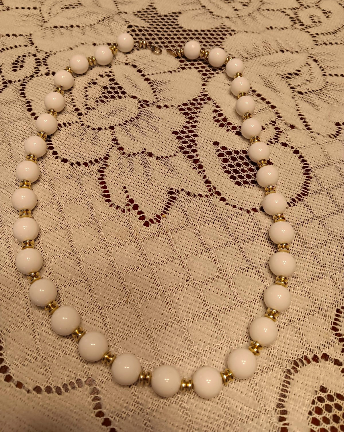 White Plastic Beaded Necklace w/ Gold-Tone Spacer Beads – Hook Clasp, No Stone