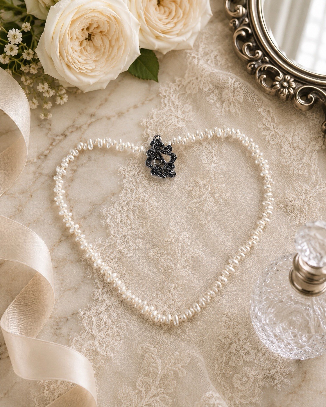 Freshwater Pearl Necklace Marcasite Toggle Clasp 15” Bridal Baroque Pearls