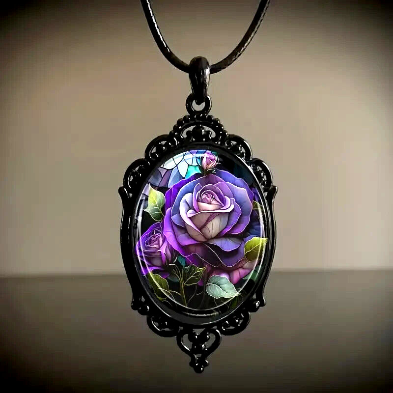 Vintage Purple Rose Necklace Gothic Pendant Fashion Jewelry Women Girls Gift