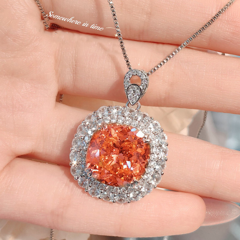 New Xmas Jewelry Orange Padparadscha Gems Luxury Women Silver Necklace Pendants