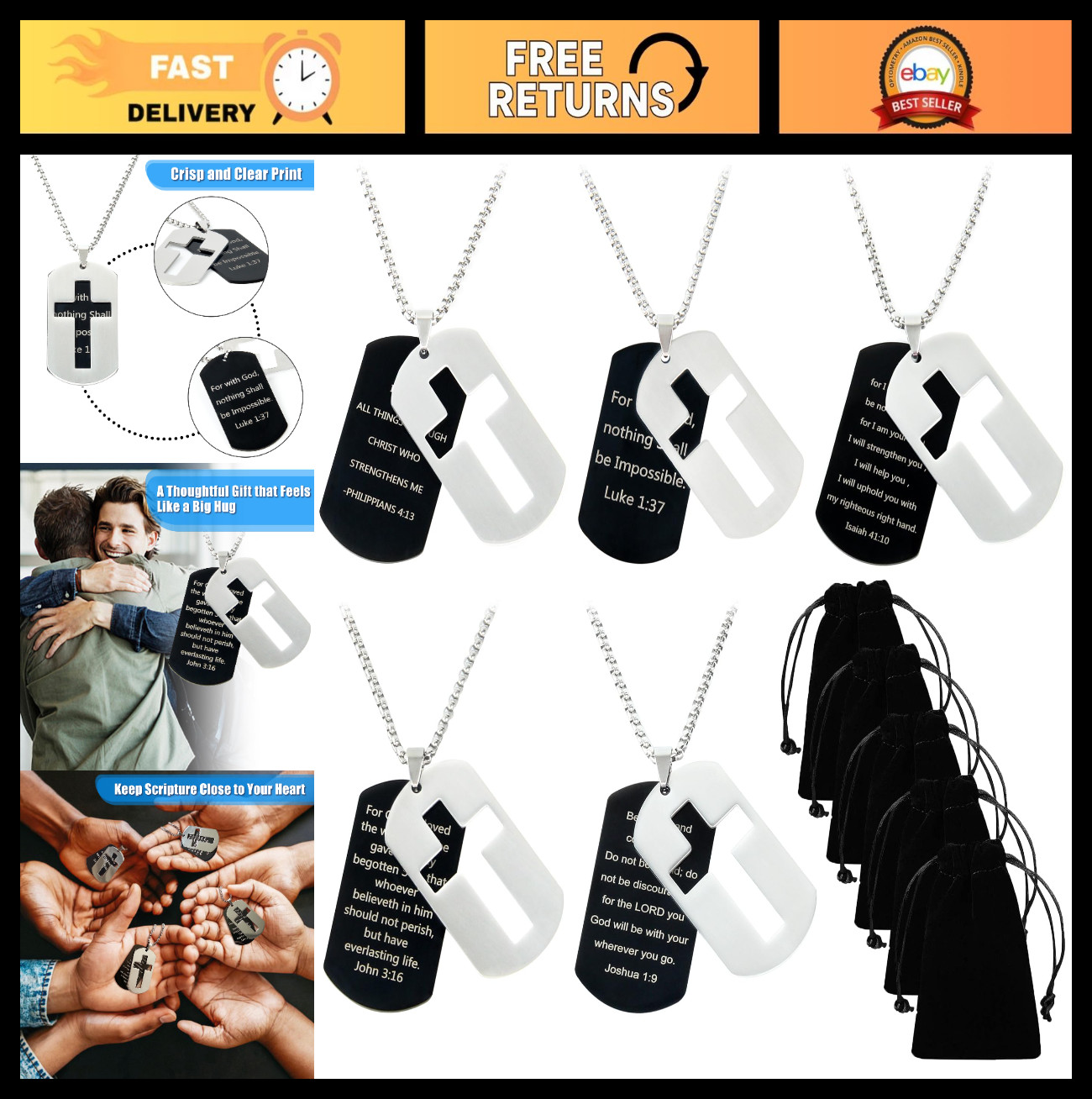 5 Pcs Bible Verse Necklace Dog Tag Cross Pendant for Men & Boys – Christian Gift