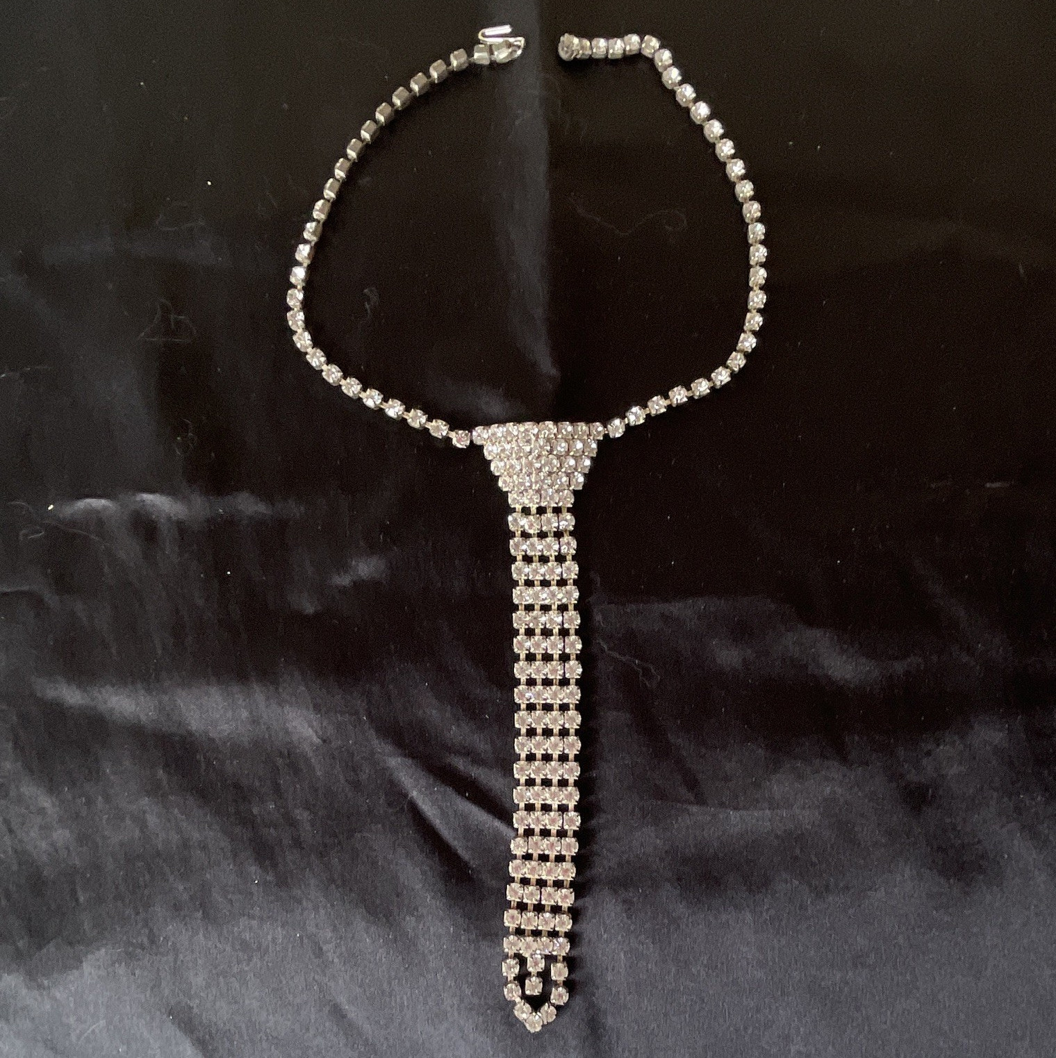Silver-Tone Clear Crystal Rhinestone Tie Statement Necklace with Hook closure