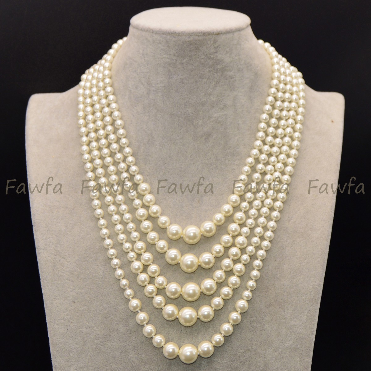 5 Rows 6-12mm Round Creamy White Shell Pearl Imitation Pearl Necklace 18-22”