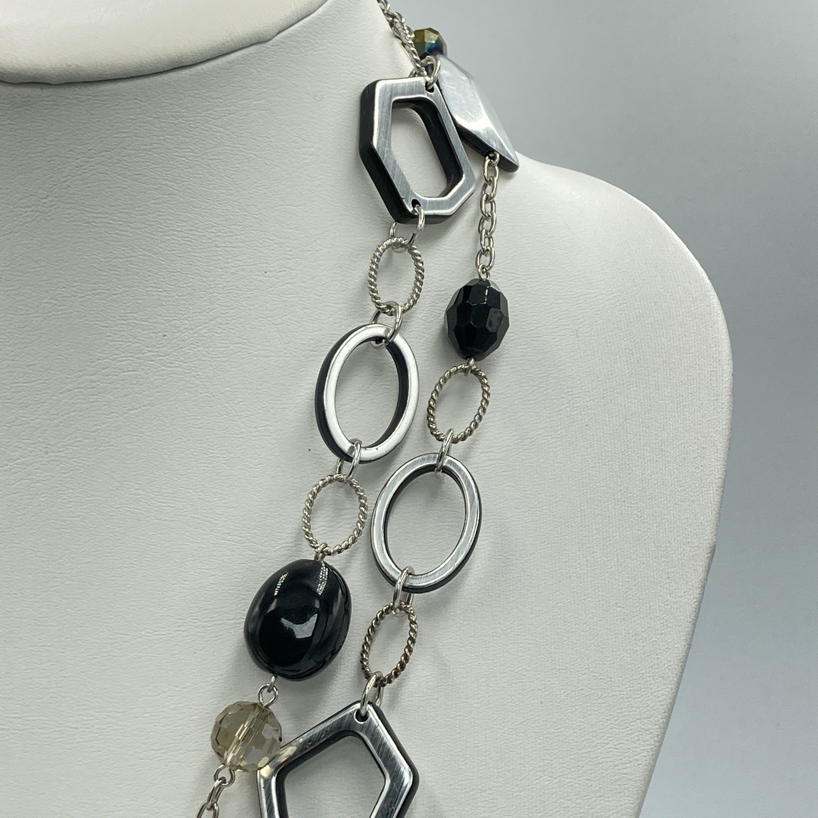 Lia Sophia 50″ Long Silver Tone Statement Necklace Black Beads Signed Jewelry