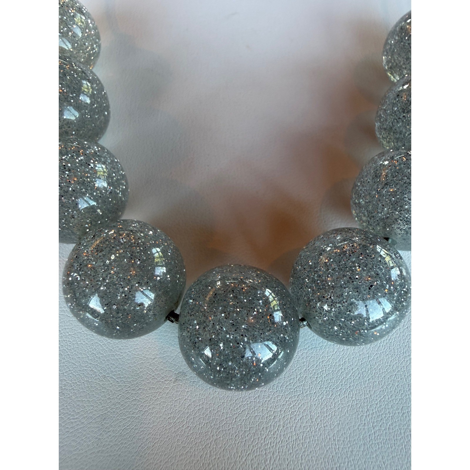 Silver Glitter Bubble Bead Necklace Gray Resin Acrylic Chunky Arty Rave Glitter