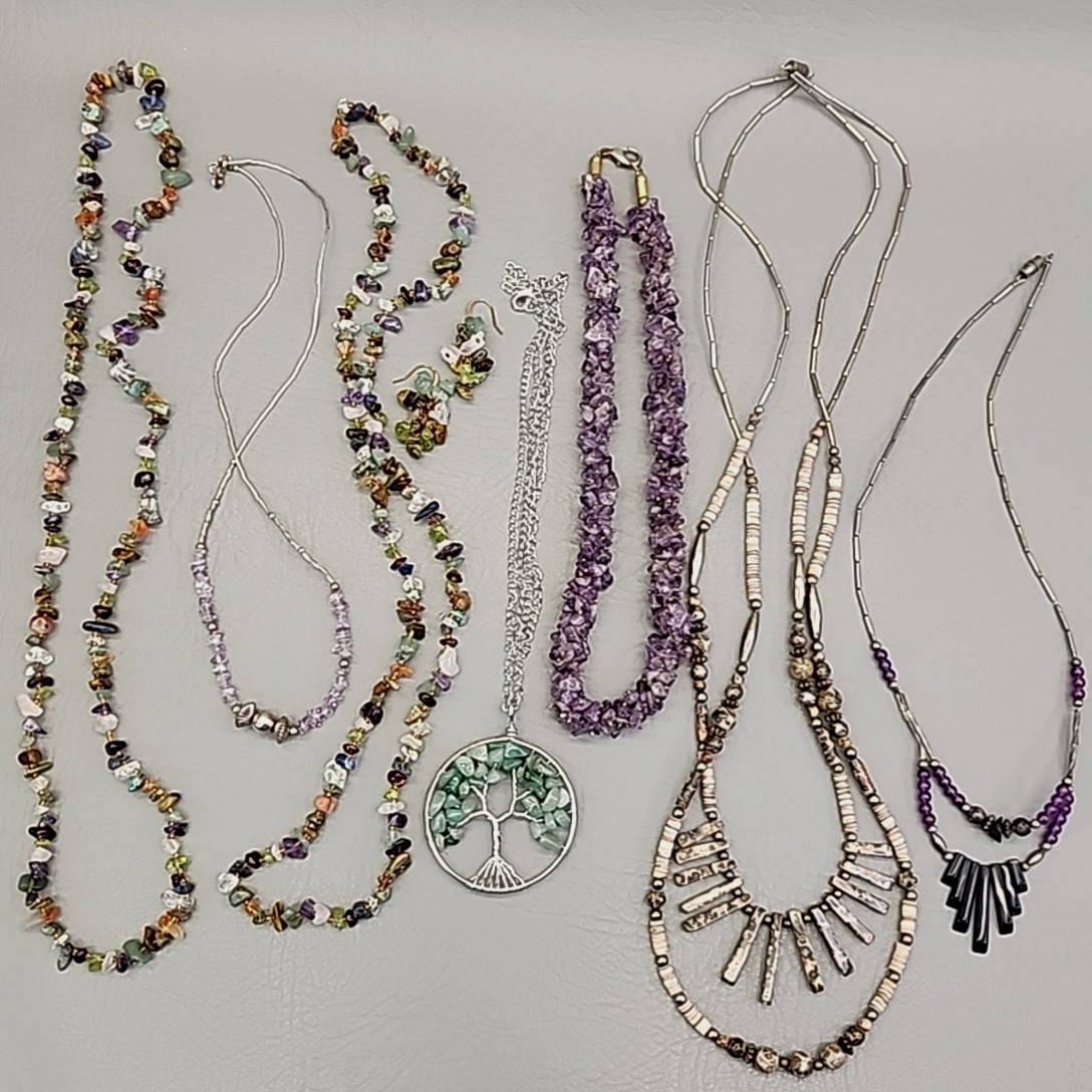 Stone Beaded Necklace Lot of 8 Purple Amethyst Green