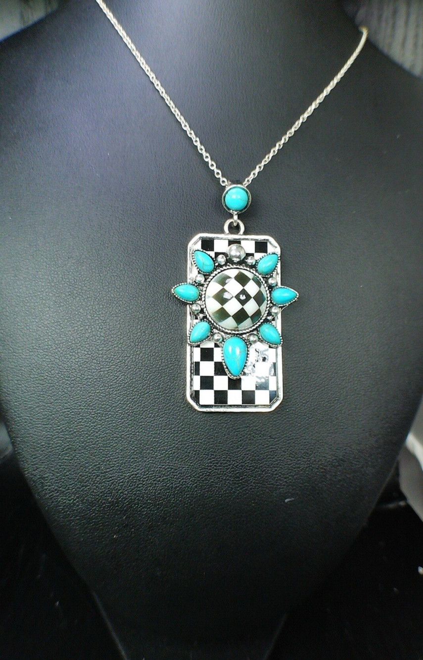 Black White Checkered Turquoise Statement Necklace 18″ 925 Stamped Chain