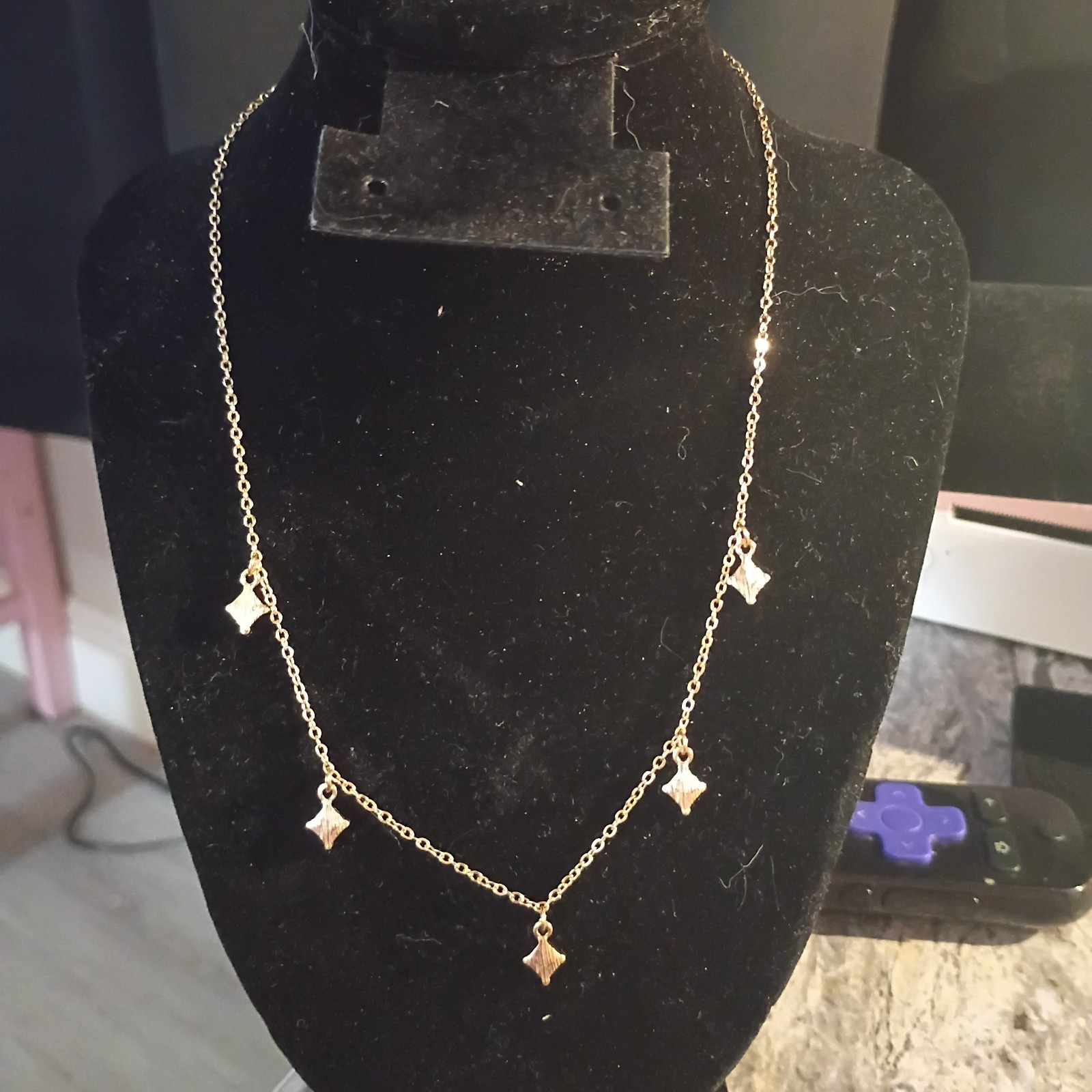 Gold Tone Cable Chain Necklace, Multiple Dangle Charm Drop Pendants, No Stone
