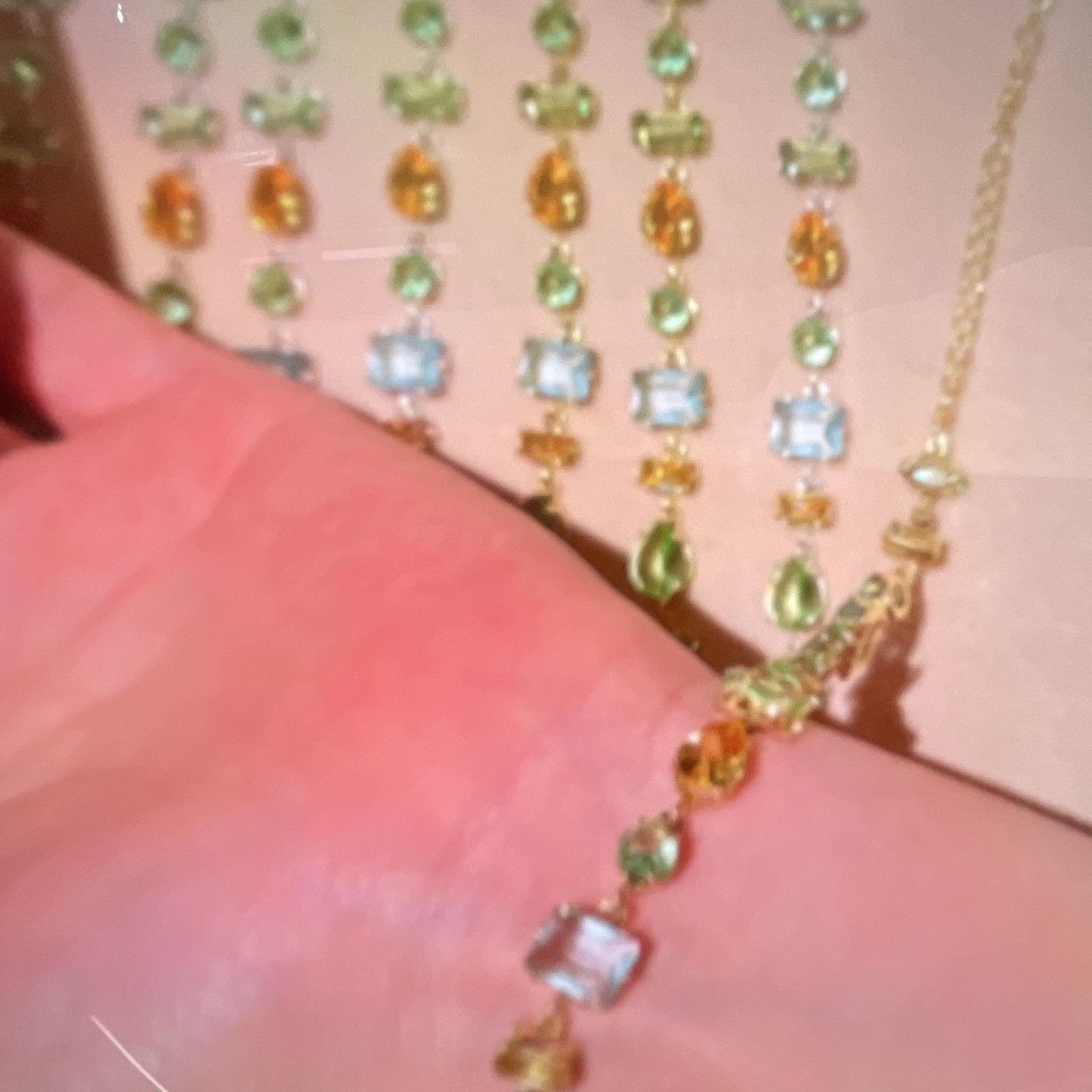 Multicolor Crystal Link Chain Necklace Yellow Gold Plated Cable Lobster Clasp