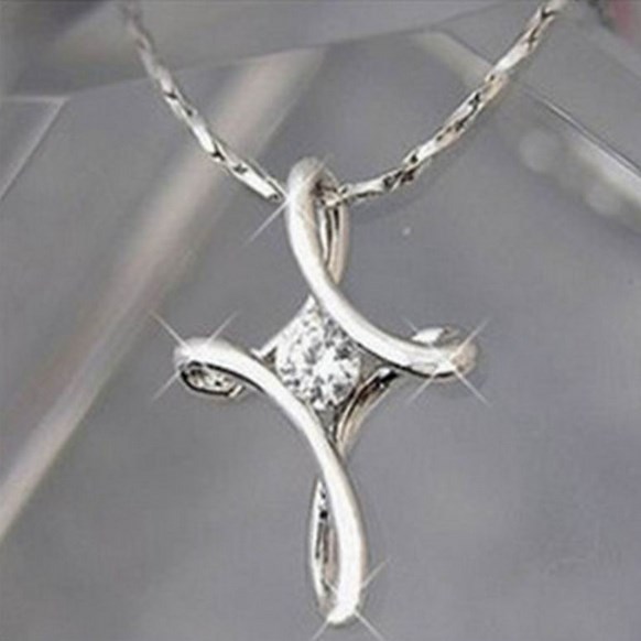 Silver Plated Geometric Cross Shaped Rhinestone Inlaid Pendant Necklace Gift PS1