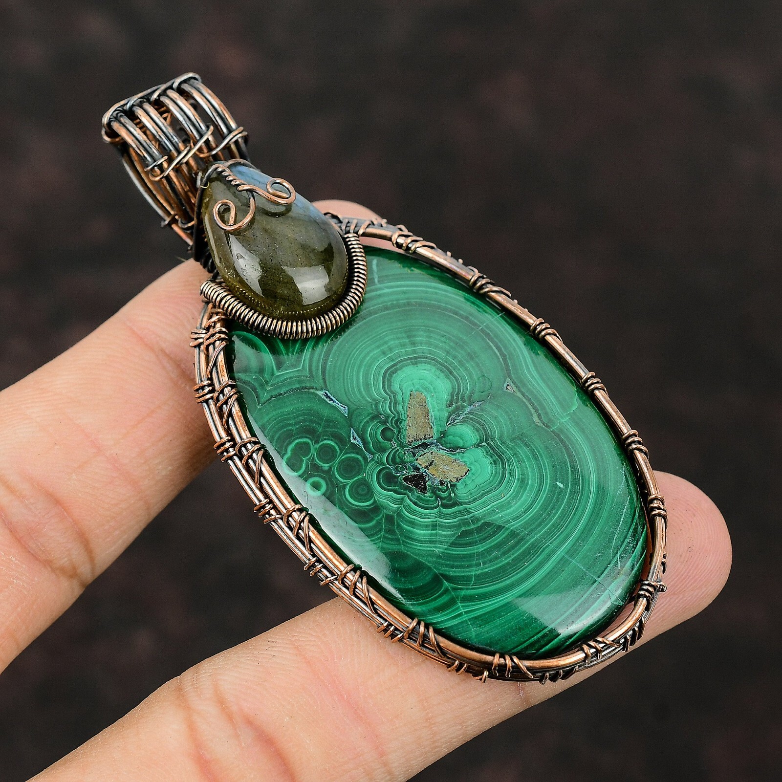 Gift For Her Russian Malachite Wire Wrapped Pendant Copper Jewelry 3.15″