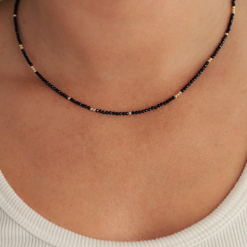 A+++ Nature Black Spinal Faceted Round Gemstone Beads Gold Filled Necklaces 18”