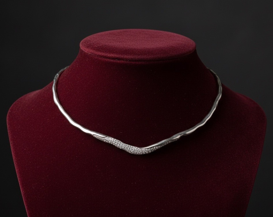 Solanales Necklace Silver Crystal Pavé Collar Molten Chain Irregular Boho CZ VTG