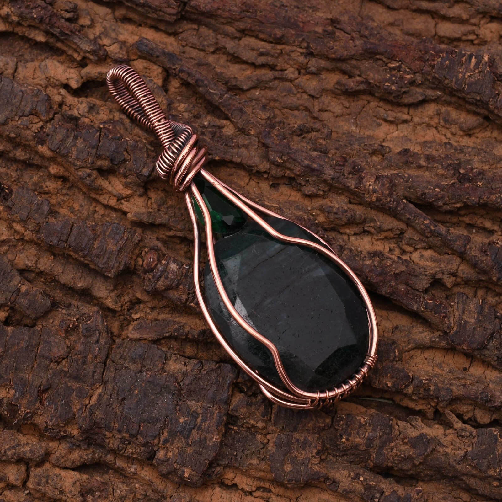 Emerald Pendant Copper Wire Wrapped Handmade Jewelry Pendant 2.15″