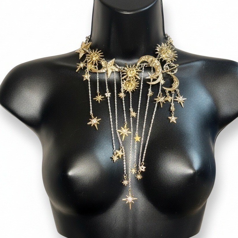 New Celestial Moon Sun Star Dangle Necklace Gold Statement Chunky Ravenclaw