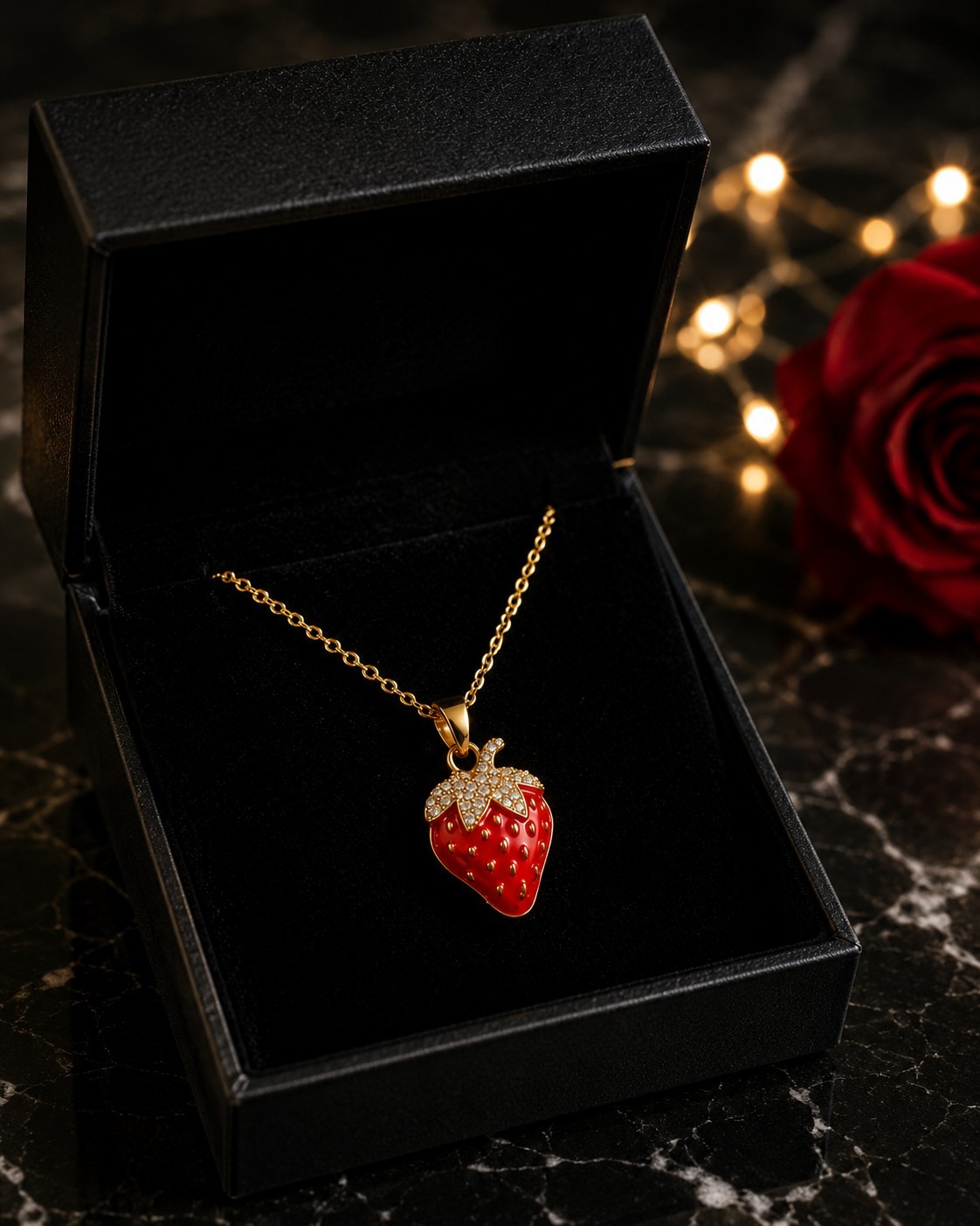 Gold Tone Strawberry Pendant Necklace Red Enamel Crystal Fruit Charm 18″