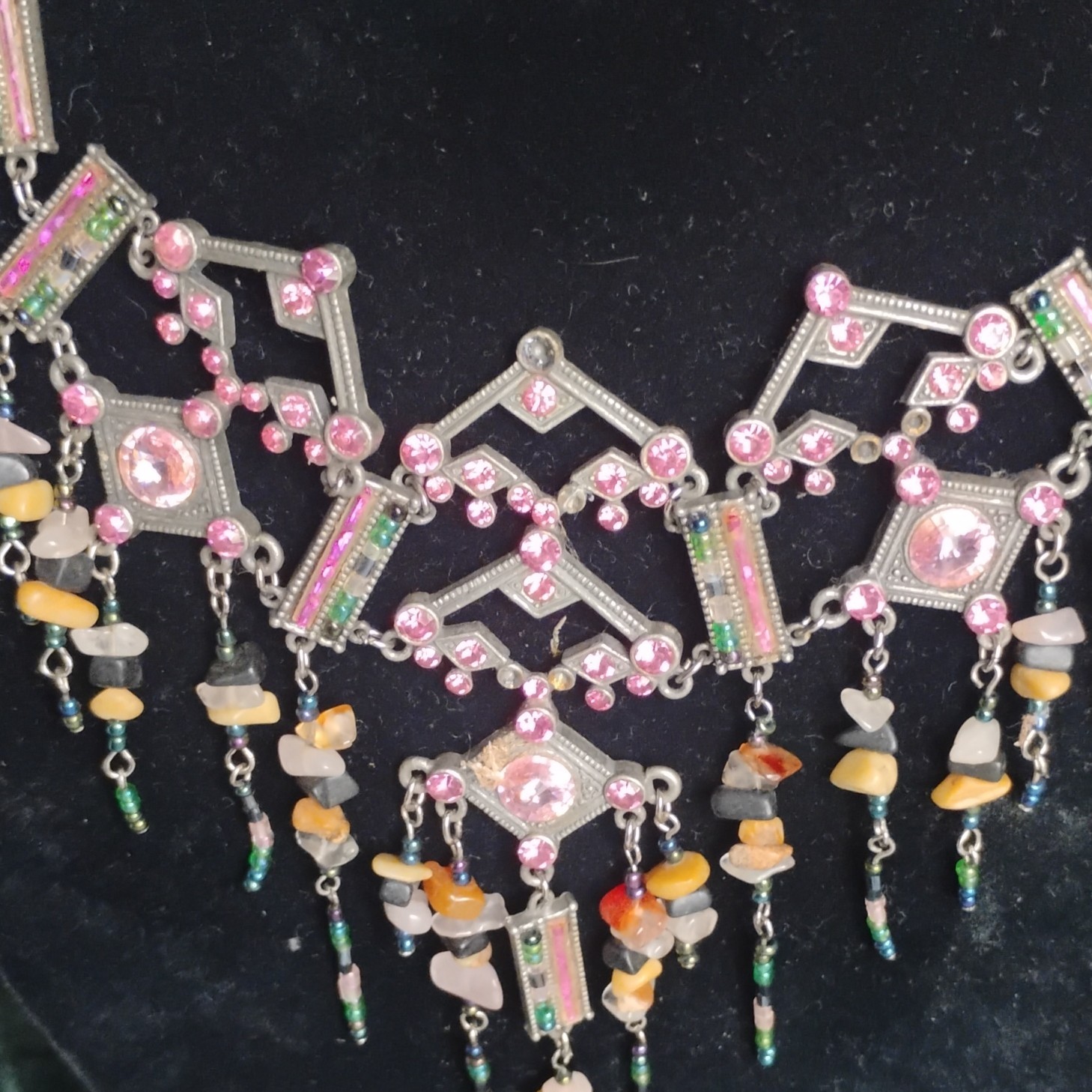 Silver Tone Art Deco Bib Statement Necklace, Pink Crystals Bead Dangles