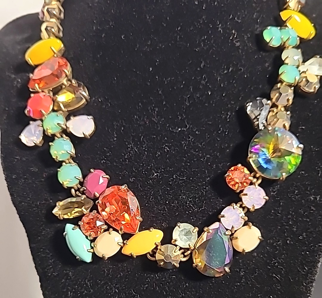 J Crew Melange Statement Necklace Multicolor Crystal Rhinestone Silver Tone 18″