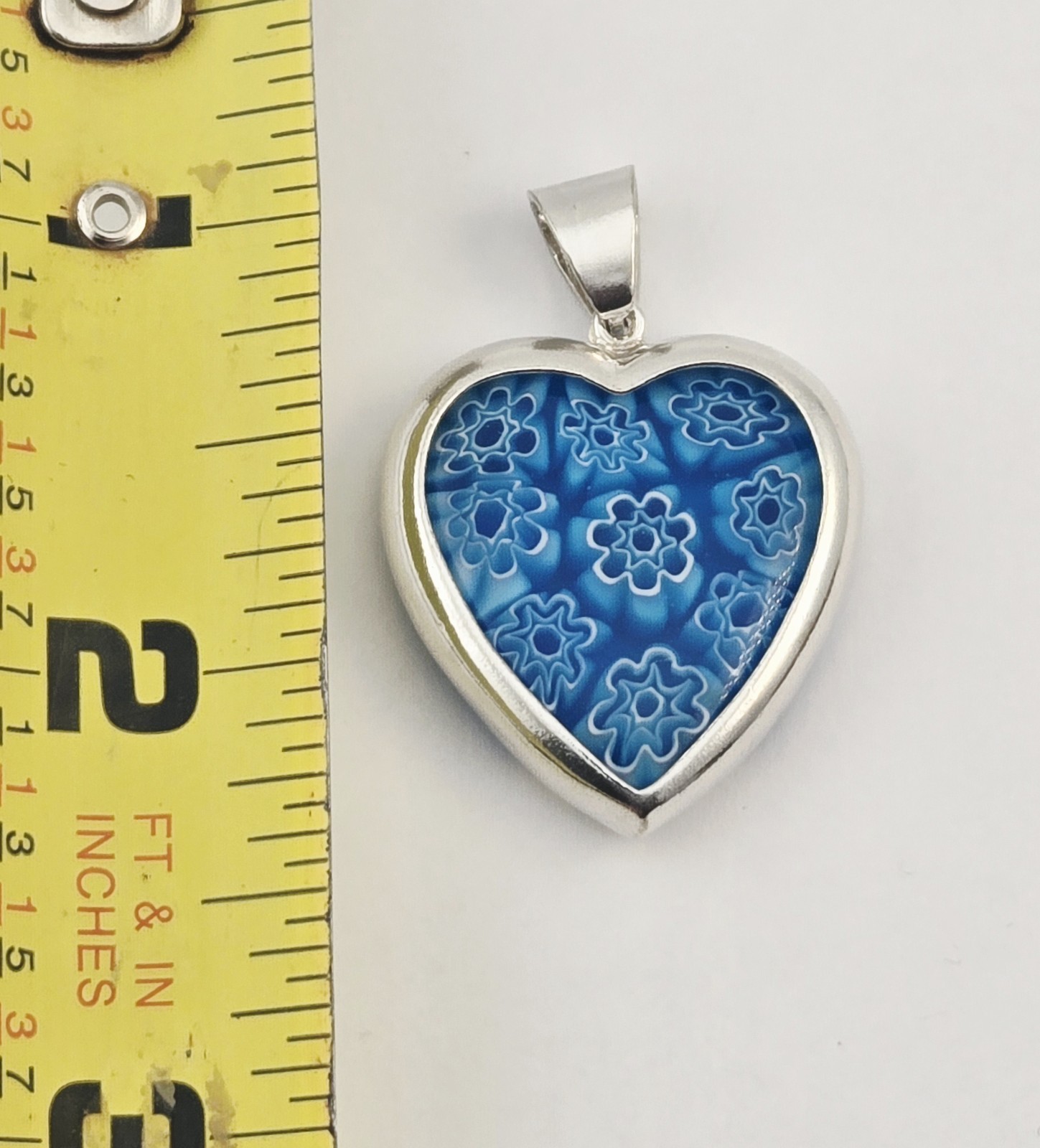 Vintage 925 Sterling Silver Blue Millefiori Murano Glass Heart Pendant – 11.0g