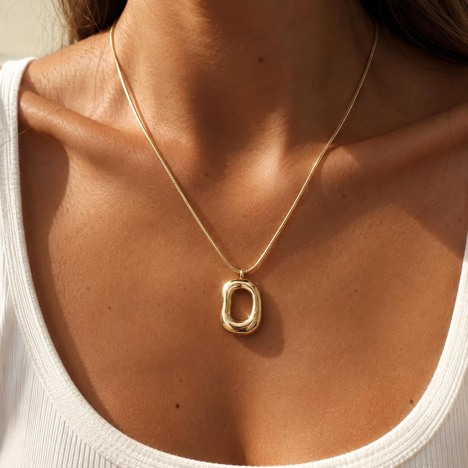 Gold Tone Irregular Oval Pendant Necklace with 14K Gold Plated Chain