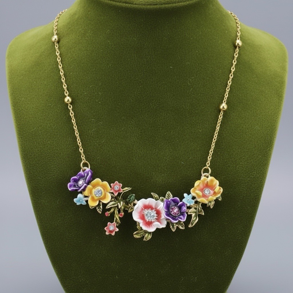 Anthropologie Flower Necklace Gold VTG Bouquet Floral Pastoral Boho Leaf Petal