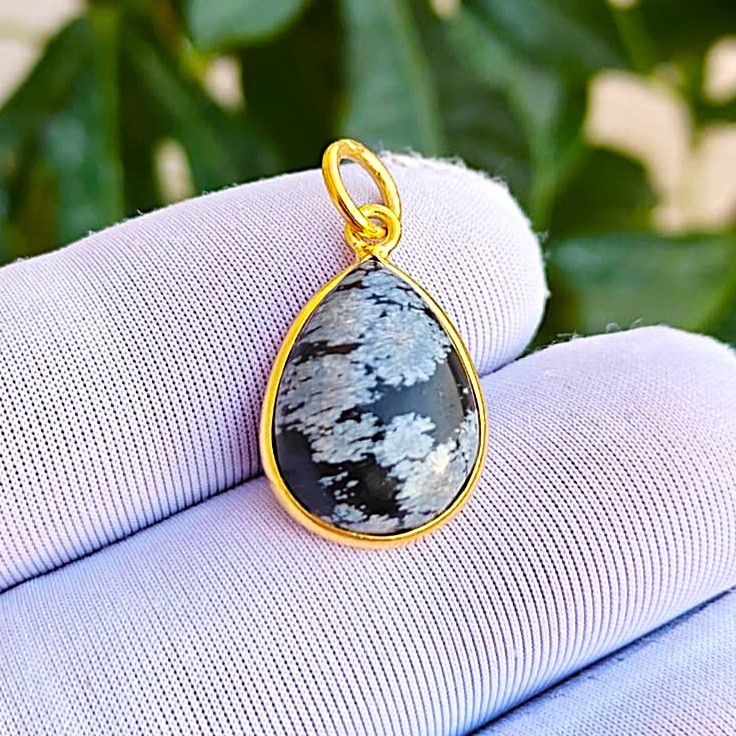 Snowflake Obsidian Gemstone Handmade Pendant Charm, Sterling Silver Gold Plated