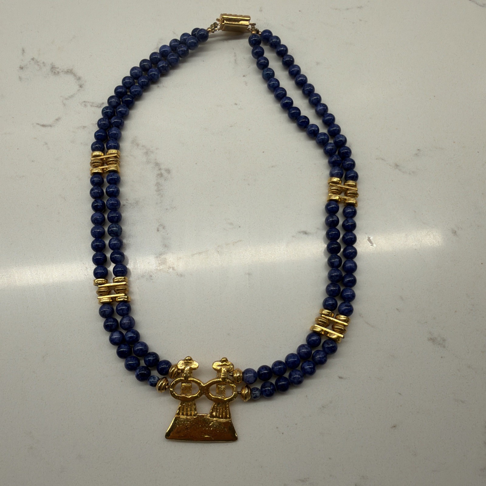 Lapis Lazuli Blue Beaded Necklace w/ Gold Tone Accents & Hook Clasp