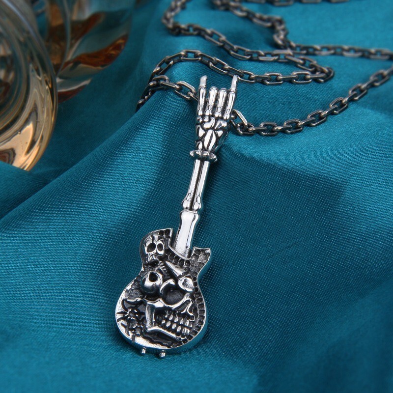 Rock and Roll Hand Skeleton Skull Guitar Music Punk Pendant 925 Sterling Silver