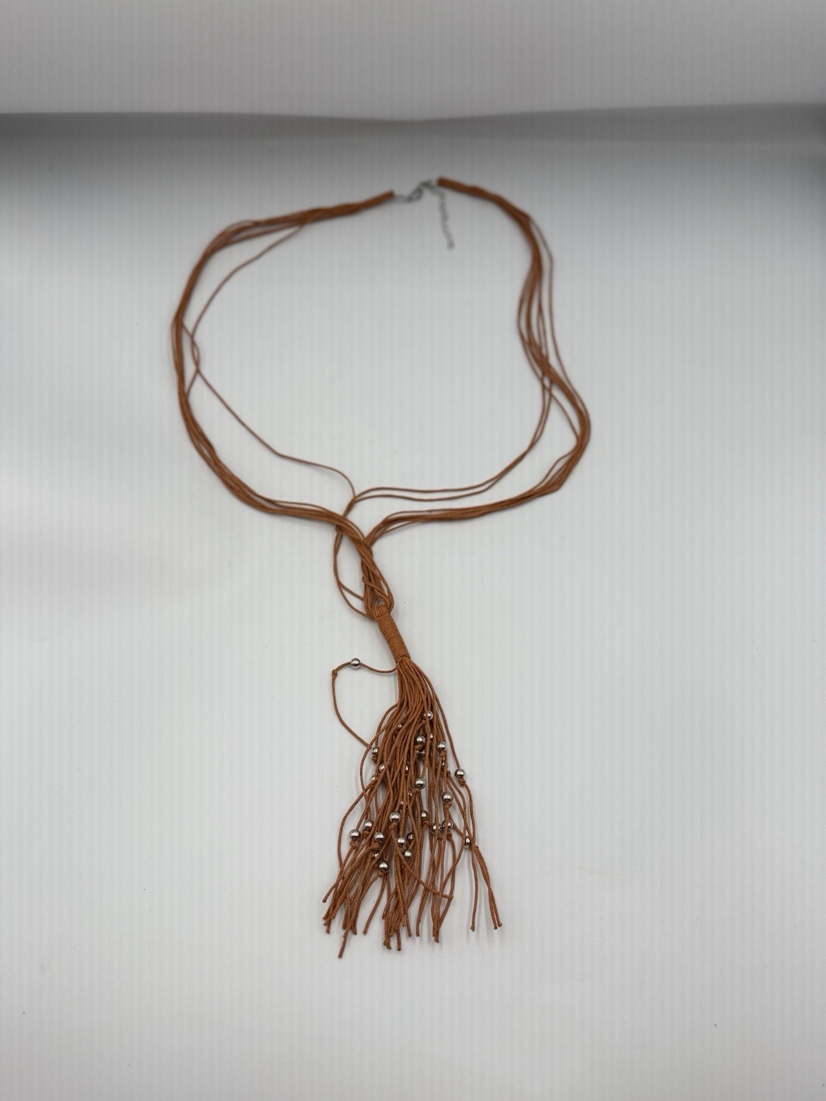 Boho Brown Multi Strand Tassel Lariat Necklace Silver Tone Beads