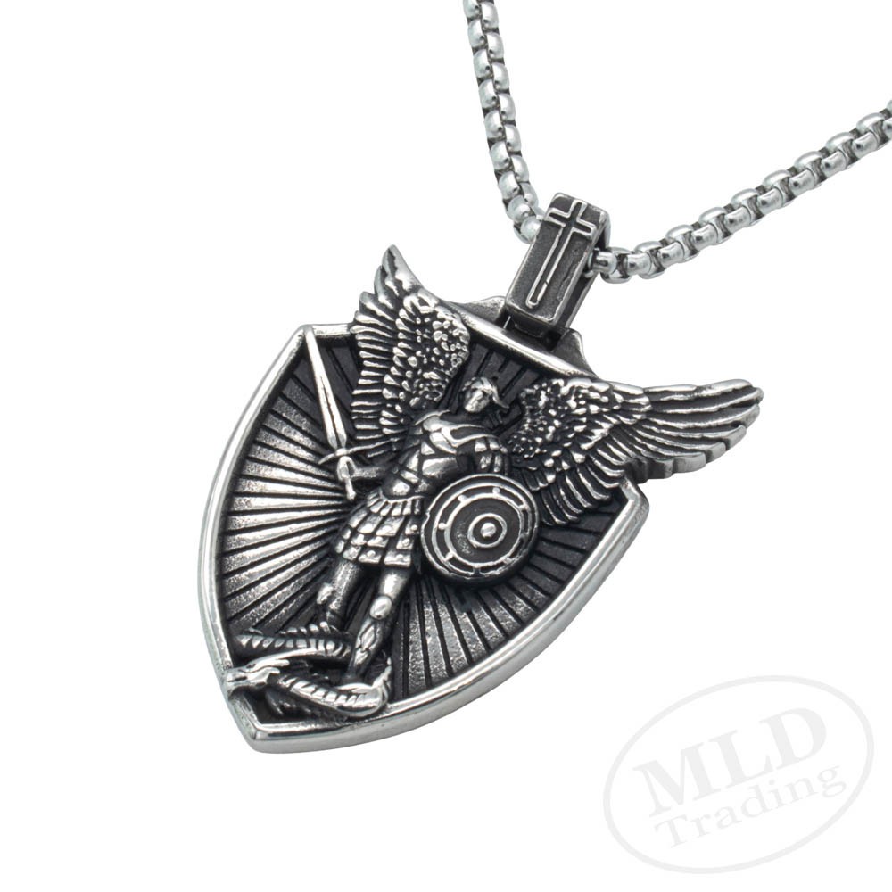 Saint St Michael Shield Pendant Necklace – Stainless Steel Archangel 24″ Chain