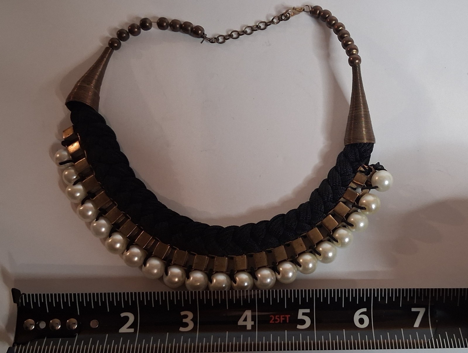 Braided Black Fabric Statement Necklace Faux Pearl choker Gold Tone