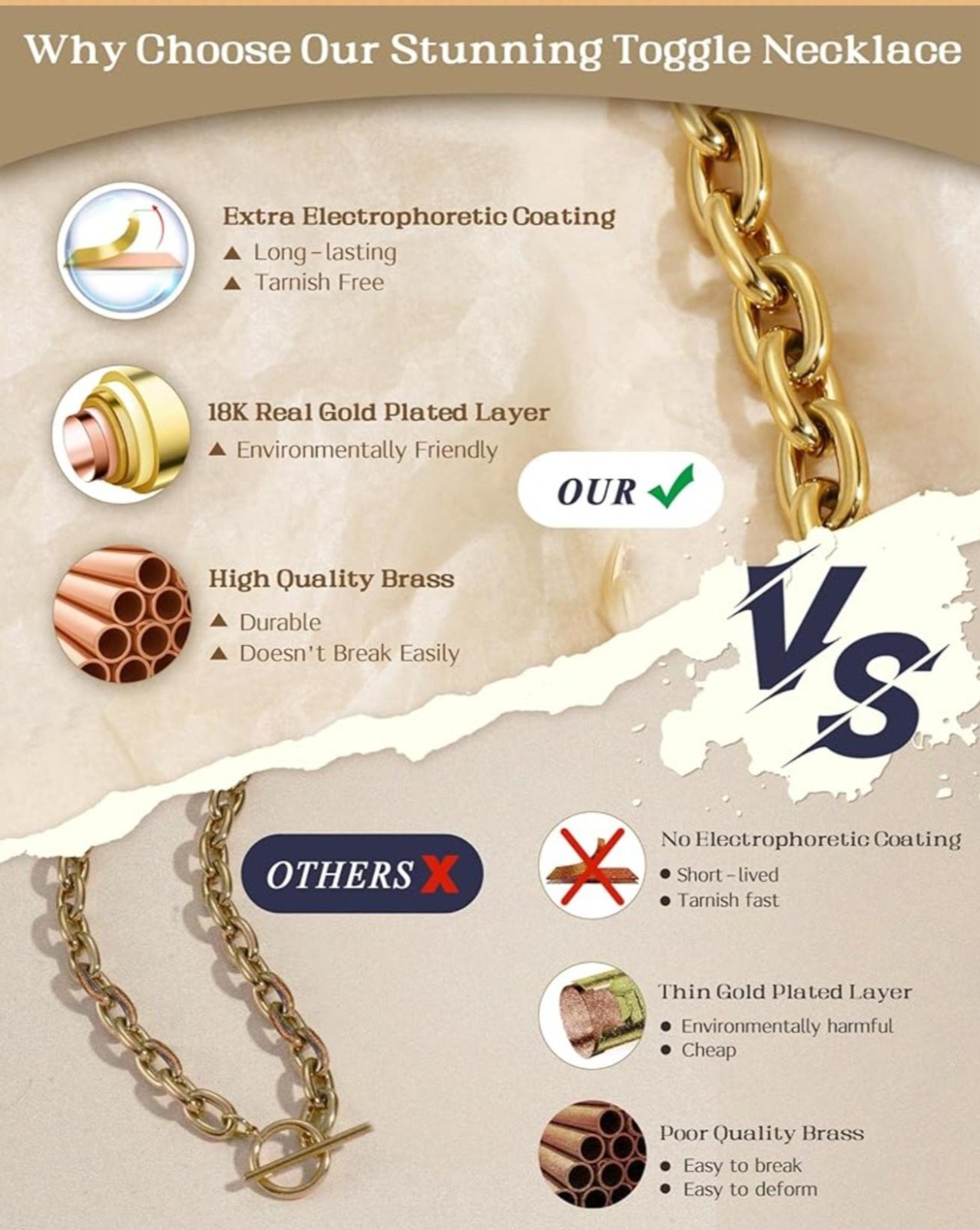 18k Gold Plated Stainless Steel Chic Chain Necklace with Toggle Clasp 011626