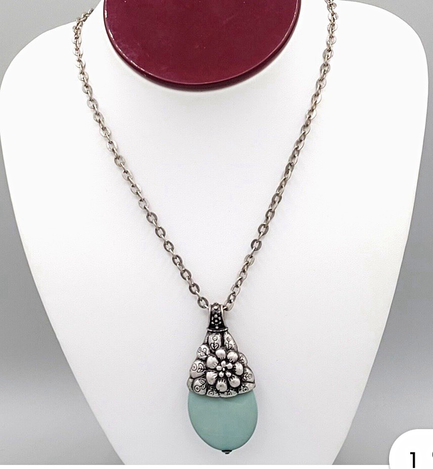 Silver Tone Metal Cable Chain Necklace with sleeping beauty turquoise Pendant