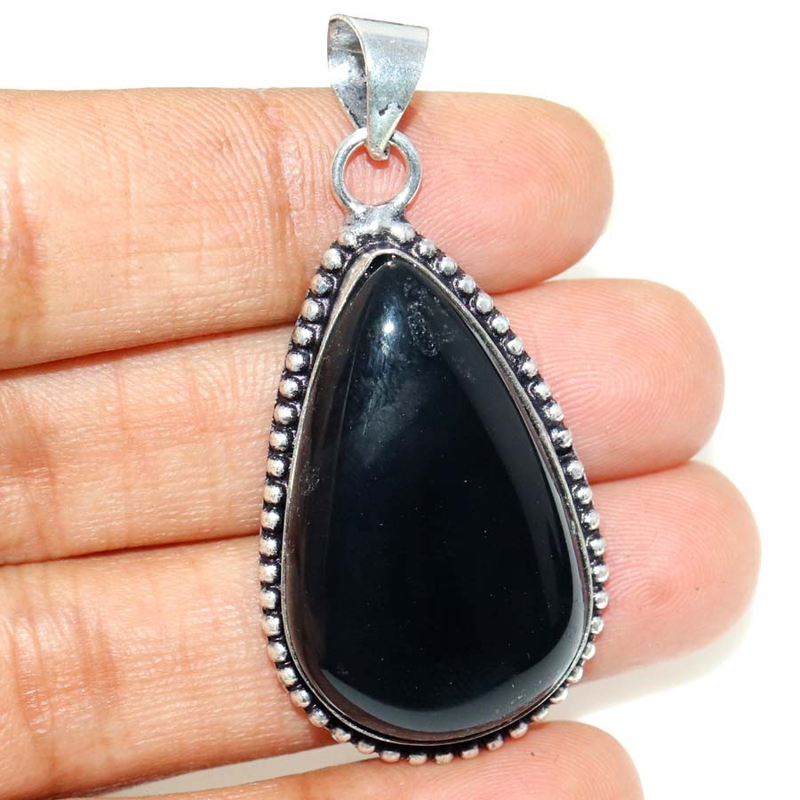 925 Silver Plated Silver Obsidian Pendant Handmade Jewelry Size 2″ GW