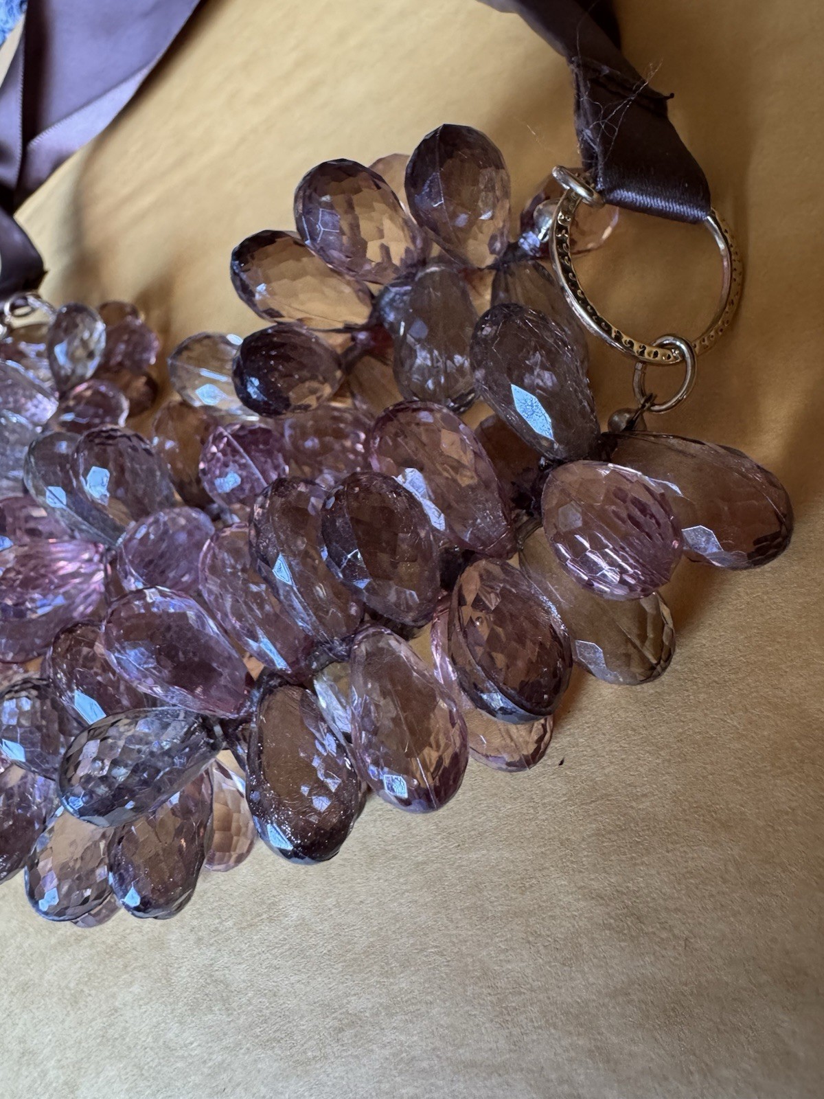 Statement Necklace Cluster Faceted Clear Purple Glass Gray Drop Beads Ribbon Tie