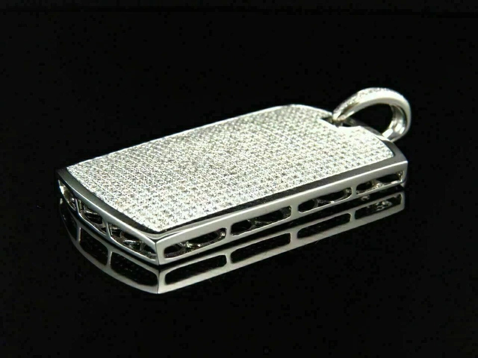 925 Sterling Silver Simulated Diamond Dog Tag Pendant In 14K White Gold Plated